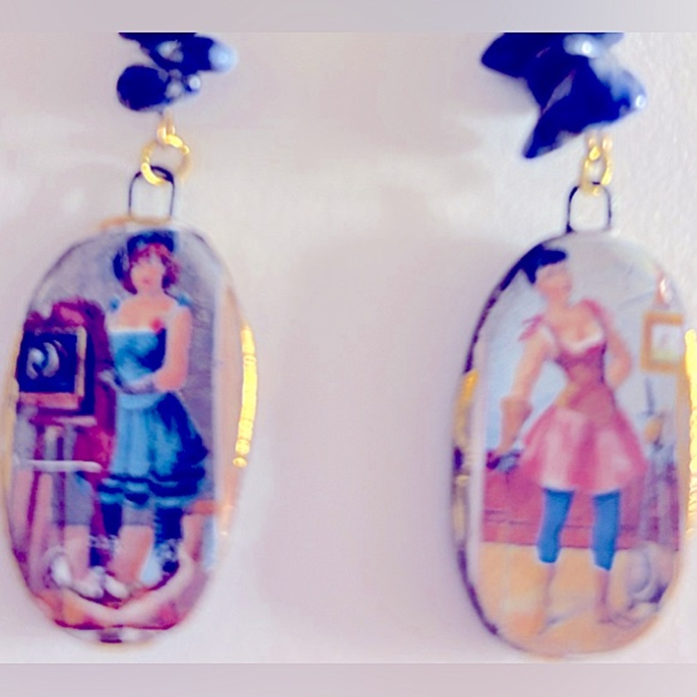 Earrings NWOT Artisan Naughty Victorian Ladies Ceramic Sodalite stone 3” pierced - Picture 7 of 11
